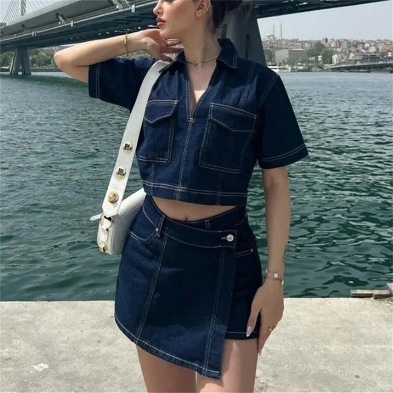 Blue Denim Shirt Woman Short Sleeve Cropped Shirt