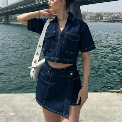 Blue Denim Shirt Woman Short Sleeve Cropped Shirt