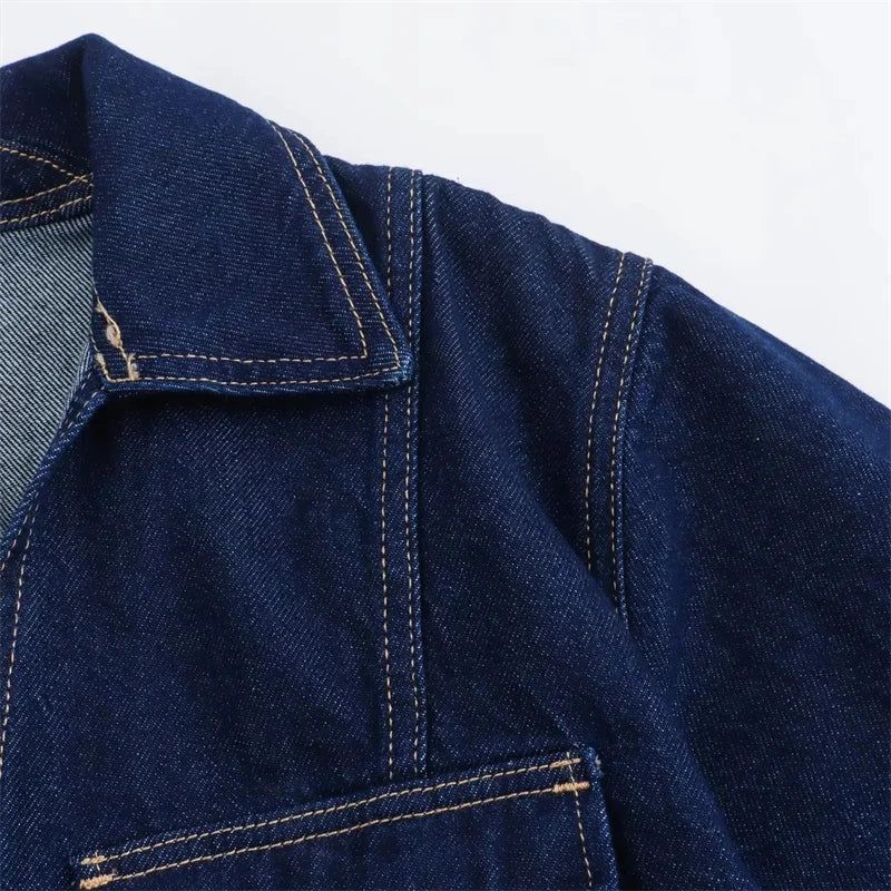 Blue Denim Shirt Woman Short Sleeve Cropped Shirt