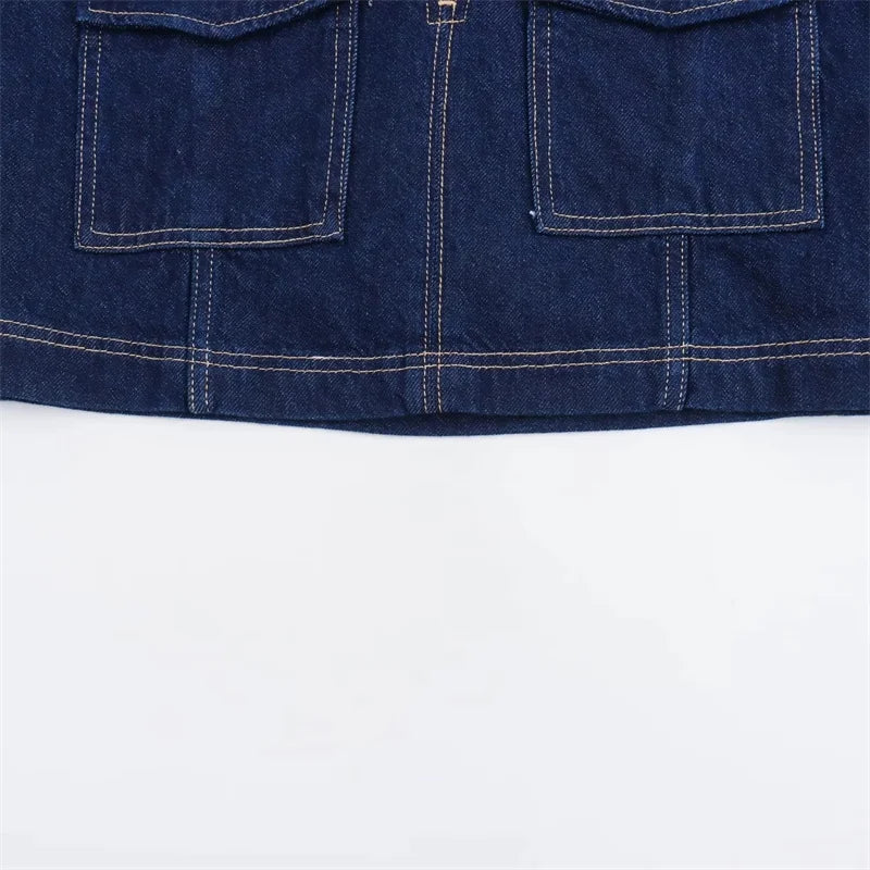 Blue Denim Shirt Woman Short Sleeve Cropped Shirt