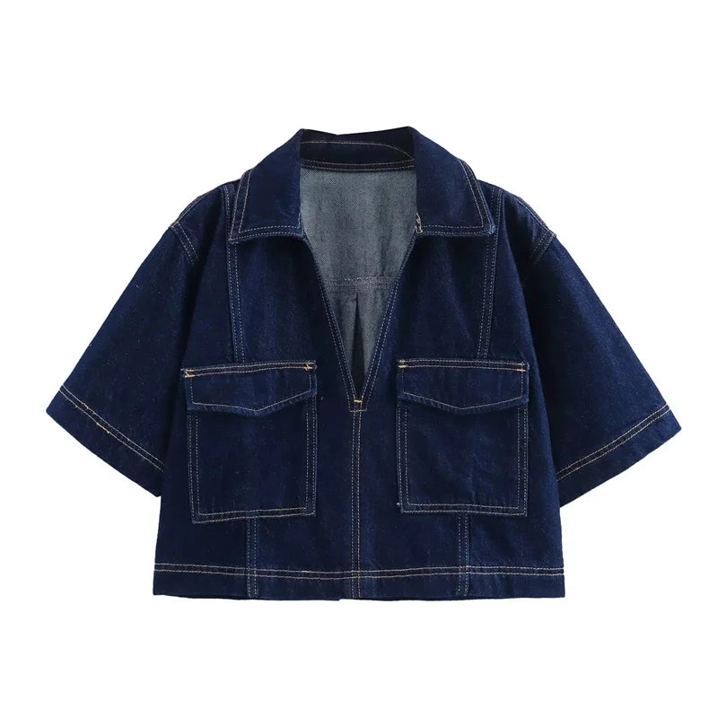 Blue Denim Shirt Woman Short Sleeve Cropped Shirt