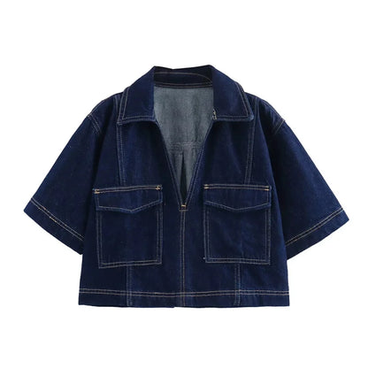 Blue Denim Shirt Woman Short Sleeve Cropped Shirt