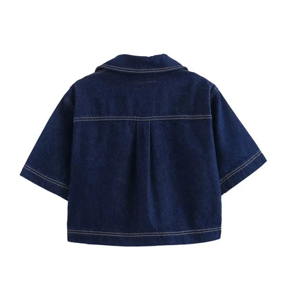 Blue Denim Shirt Woman Short Sleeve Cropped Shirt
