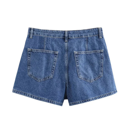 Blue Denim Shirt Woman Short Sleeve Cropped Shirt