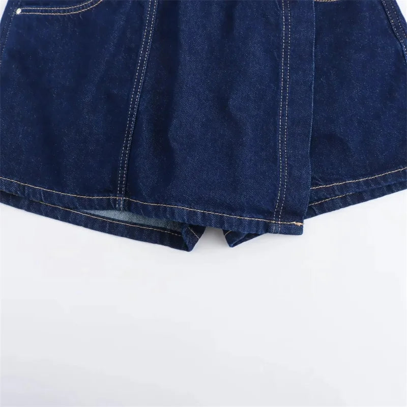 Blue Denim Shirt Woman Short Sleeve Cropped Shirt