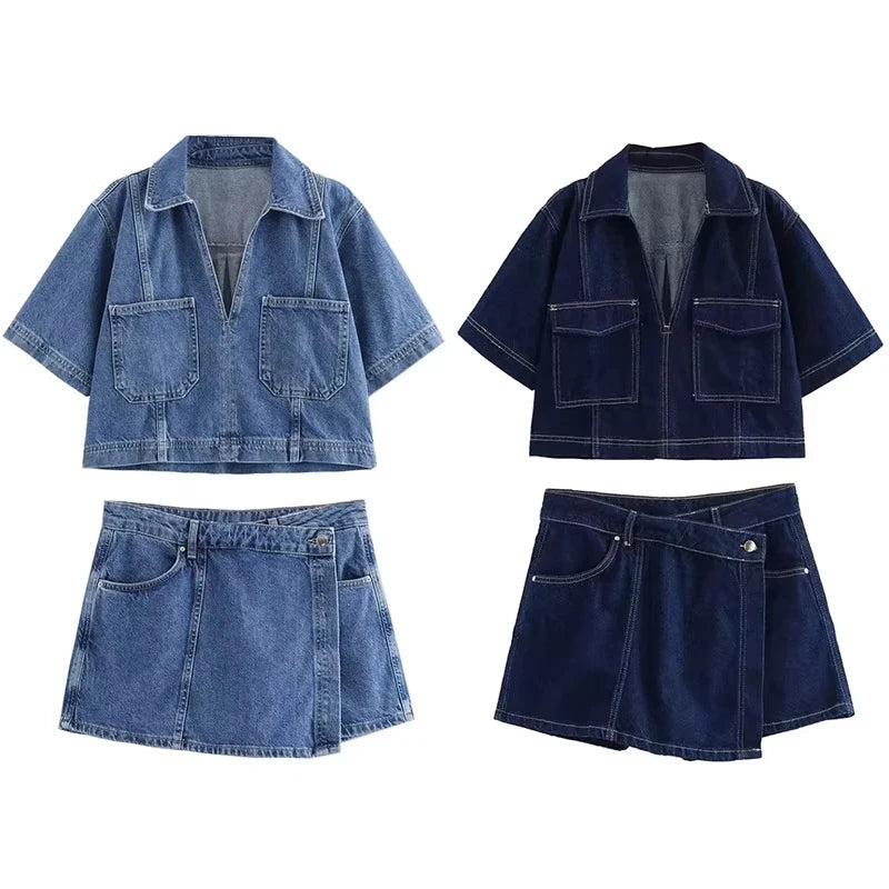 Blue Denim Shirt Woman Short Sleeve Cropped Shirt