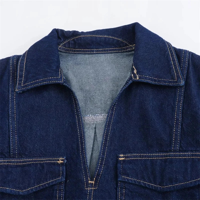 Blue Denim Shirt Woman Short Sleeve Cropped Shirt