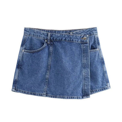 Blue Denim Shirt Woman Short Sleeve Cropped Shirt