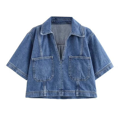Blue Denim Shirt Woman Short Sleeve Cropped Shirt